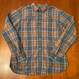 Men’s Patagonia Organic Cotton Western Pearl Snap Long Sleeve Shirt Orange Blue